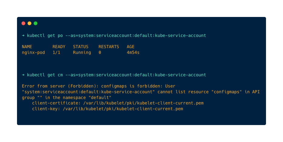 ServiceAccount, Role, and RoleBinding: Testing serviceaccount permissions