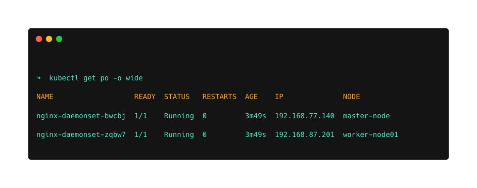 command to list the nodes in which the nginx demonset pod is running